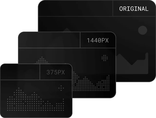 Three abstract images are resized at three different sizes and stacked on top of each other